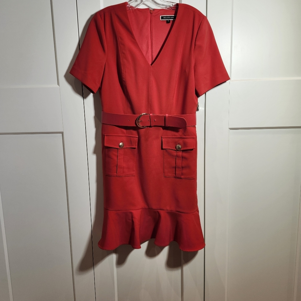 Red Midi Dress with Gold Emblem Button
